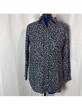 Lafayette 148 New York Dark Navy Blue Leaf Print Button Down Blouse - Size M